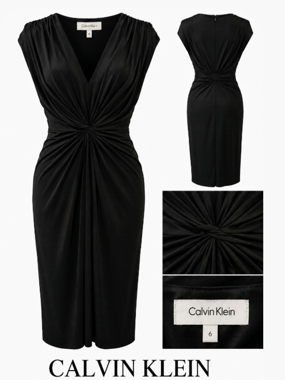 Calvin Klein Black Ruched Midi Dress Size 6 Professional Wedding Guest